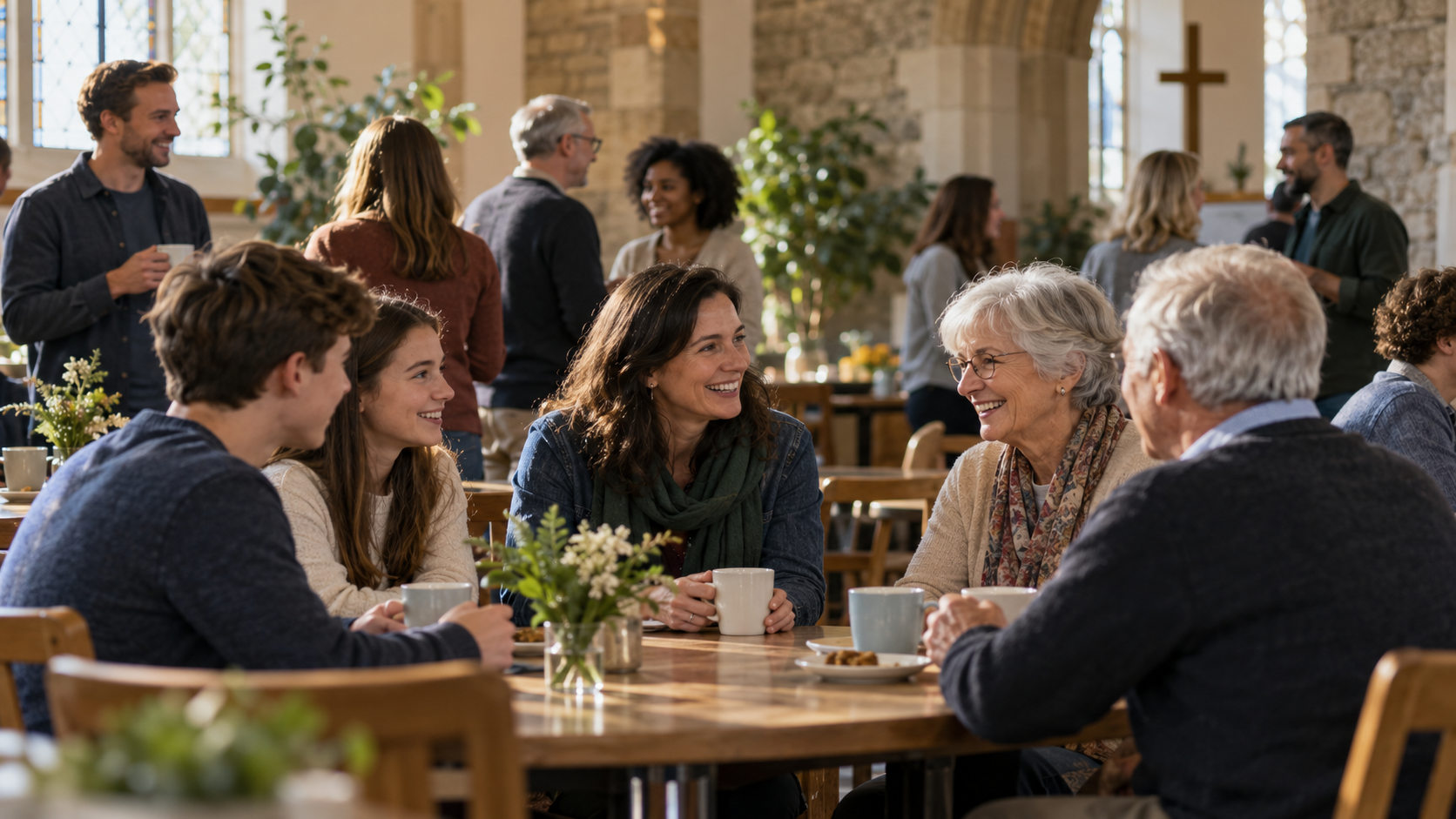 Personas de distintas edades compartiendo un café dentro de una iglesia